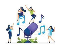 Vector illustration of People sing and karaoke merrily to the rhythm of block notation and giant microphones. Can be used to landing page, web, website, poster, mobile apps, brochure, ads, flyer, card