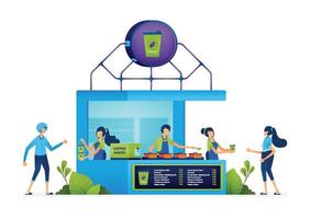 ilustración empresarial de personas que se alinean y compran en jóvenes emprendedores que venden bebidas de café y tapioca. página de inicio, web, sitio web, pancarta, anuncios, tarjeta, aplicaciones, folleto, volante