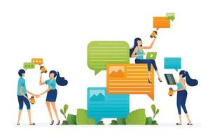 Illustration of people conversing and chatting in speech with megaphones. discuss issues of public opinion and civil society. Can be used for landing page, website, mobile app, poster, flyers, banner vector