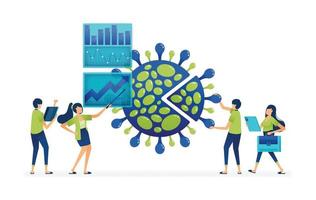 Vector illustration of analysis and planning of covid-19 pandemic data for health and economic handling of virus spread and transmission. Can be used to business card, apps banner, brochure, flyer ads