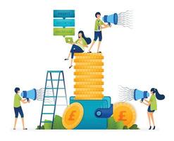 Illustration of manage finances well to increase growth of savings and emergency funds. wallet filled with stacks of coins so that it towers. Can be used for website, mobile app, poster, flyer, banner vector