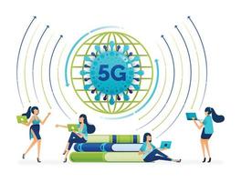 Illustration design of disrupted study and education habits make transition to integrated 5g internet network system faster at covid 19 pandemic. Can be used to business card, apps, banner, brochure