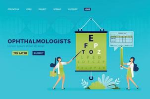 Optical health illustration of ophthalmologist writes prescription for glasses from patients Snellen reading. Can be used to landing page, web, website, poster, mobile apps, brochure, ads, flyer, card vector