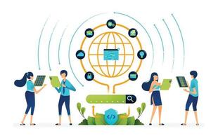 Illustration of access internet network that is encrypted for security in operating search engines. database big data management. Can be used for landing page, website, apps, poster, flyers, banner vector