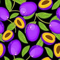 Vector seamless pattern with plums on black background.