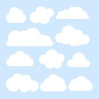 Set of different white clouds. Vector illustration isolated on blue background