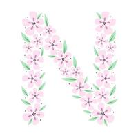 alfabeto botánico floral. letra de monograma dibujada a mano vintage n. carta con plantas y flores. letras vectoriales aisladas en blanco vector