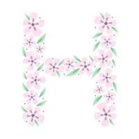 Floral botanical alphabet. Vintage hand drawn monogram letter H. Letter with plants and flowers. Vector lettering isolated on white