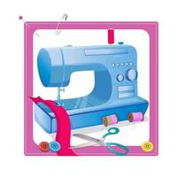 A frame with sewing and knitting accessories. Sewing instruments modern electronic sewing machine, a pincushion with needles, buttons, and threads. vector