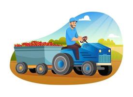 Farmers Loading apples on Tractor Trailer. Local Farm Grown Organic Food, Eco Friendly Seasonal Products. vector