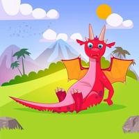 Funny cartoon little red sitting dragon on nature background. vector