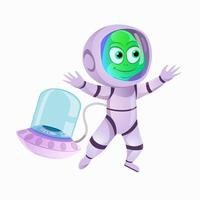 Cute green alien flying in an astronaut suit on white background. vector