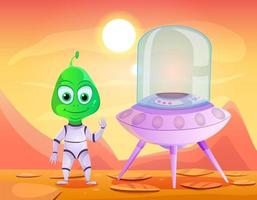 A funny alien in a spaceship landed on the planet's surface. vector