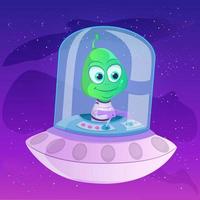 Cute Alien In Spaceship UFO Cartoon Vector Illustration on space background