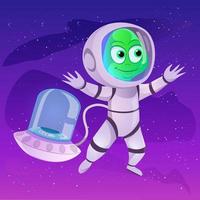 Cute green alien flying in an astronaut suit on space background. Purple universe and space ship. vector