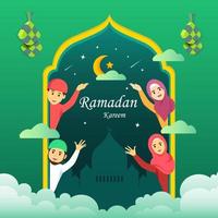 tarjeta de felicitación de bienvenida a la ilustración de ramadán con un lindo personaje musulmán feliz vector premium