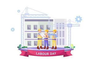 feliz día del trabajo el 1 de mayo ilustración vectorial. ingenieros y constructores están planificando el trabajo en un sitio de construcción. los trabajadores de la construcción están trabajando en la construcción en el día del trabajo. vector