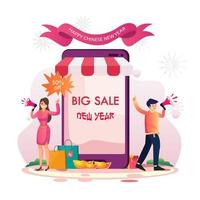 Chinese new year shopping concept, Sales and discounts. with girl and boy holding megaphone near big smartphone. Flat vector