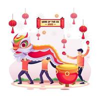 Chinese new year concept, Celebrate the Chinese new year with Asian children playing with a Chinese dancing lion and a drummer beating the drum, fireworks. Flat vector