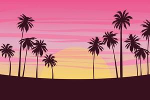 Colorful sunset on the tropical island. Beautiful ocean beach with palms illustration, Cartoon flat panoramic landscape, sunset with the palms on colorful background vector