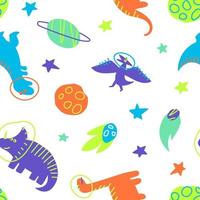 Seamless pattern of dinosaurs traveling in space on a white background vector