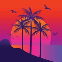 Colorful sunset on the tropical island. Beautiful ocean beach with palms illustration, Cartoon flat panoramic landscape, sunset with the palms on colorful background vector