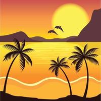 colorido atardecer en la isla tropical. hermosa playa oceánica con ilustración de palmeras, paisaje panorámico plano de dibujos animados, puesta de sol con las palmeras sobre fondo colorido