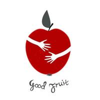 Apple icon. Hands hugging the Apple. Writing a good fruit. vector