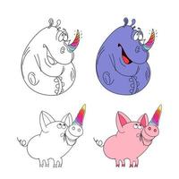 Set of Rhinoceros and piglet with Unicorn horn with unicorn horn, cute funny illustration. vector