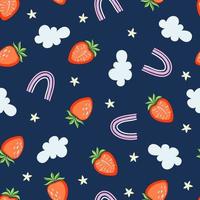 Seamless pattern with strawberries, rainbows, clouds and stars on a dark blue background vector