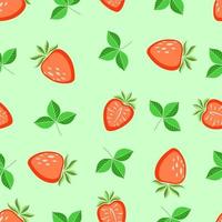 Vector seamless pattern, drawn strawberries and strawberry leaves on a green background. Juicy pattern for printing on paper, postcards, kitchen textiles