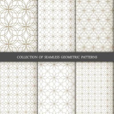 Set of 6 vector seamless patterns. Ornamental gold patterns on a white background.