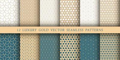 Set of 12 luxurious vector seamless patterns. Geometrical patterns on a white and emerald background. Modern illustrations for wallpapers, flyers, covers, banners, minimalistic ornaments, backgrounds.