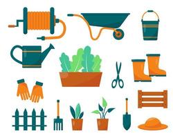 conjunto de herramientas de jardinería y plantas. ilustración vectorial de elementos o iconos para jardinería y agricultura. vector