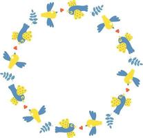 Round frame with yellow-blue birds. Vector illustration. Round frame for decor, design, print, napkins