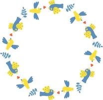 Round frame with yellow-blue birds. Vector illustration. Round frame for decor, design, print, napkins