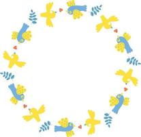 Round frame with yellow-blue birds and heart. Vector illustration. Round frame for decor, design, print, napkins