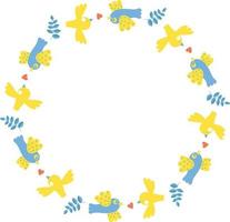 Round frame with yellow-blue birds and heart. Vector illustration. Round frame for decor, design, print, napkins