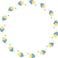 Round frame with yellow-blue hearts. Vector illustration. Round frame for decor, design, print, napkins