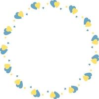 Round frame with yellow-blue hearts. Vector illustration. Round frame for decor, design, print, napkins