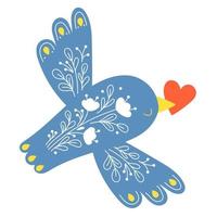 Decorative blue bird with floral pattern with red heart in its beak. Vector illustration. Feathered beautiful flying bird for decor, design, decoration and print