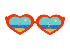 Glasses in the shape of hearts with the reflection of the beach. vector