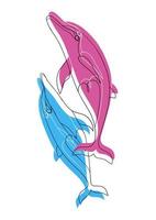 Dolphins. Couple of blue-pink dolphins fall in love. Romantic sketch illustration of beautiful decorative element. vector