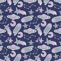 Galaxy cosmic seamless pattern with planets, stars and comets. Childish vector hand drawn cartoon illustration in simple scandinavian style. Pastel isolated on a white background.