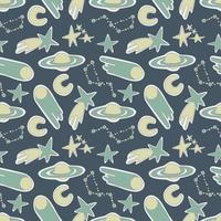 Galaxy cosmic seamless pattern with planets, stars and comets. Childish vector hand drawn cartoon illustration in simple scandinavian style. Pastel isolated on a white background.