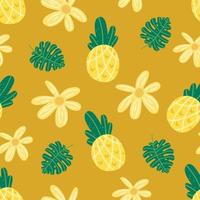 Pineapple flowers seamless vector pattern. Repeating vacations, tropics, exotic background with summer fruit. Use for fabric gift wrap packaging