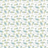 Galaxy cosmic seamless pattern with planets, stars and comets. Childish vector hand drawn cartoon illustration in simple scandinavian style. Pastel isolated on a white background.