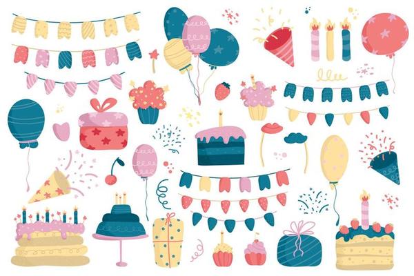 Set birthday party design decoration elements. Celebrate Collection of garland flag, present box, balloons, cake, candle, fireworks, firecracker, party popper. Festive objects with design elements