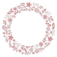 rama de corona floral. marco redondo floral de ramitas, hojas y flores. para el día de san valentín, decoración de bodas, invitación de boda, marca, etiqueta de logotipo boutique. marco redondo de flores negro vector