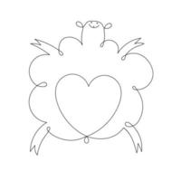 Cute lamb with a heart on its belly vector linear illustration. Sheep in continuous line art drawing style.